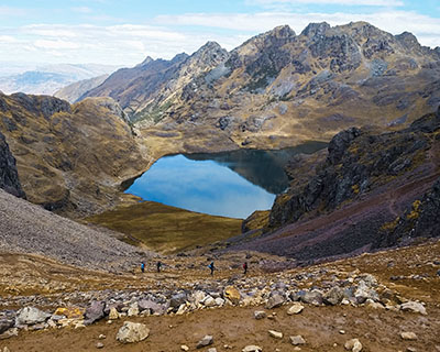 People from the Andes walking in the middle of the mountains