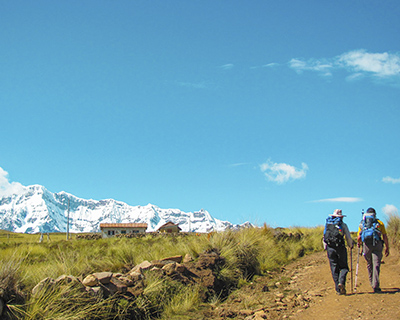 View of trekkers heading to Pacchanta and the Ausangate mountain in the background