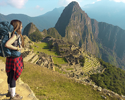Woman at the Machu Picchu viewpoint in love with the first sight